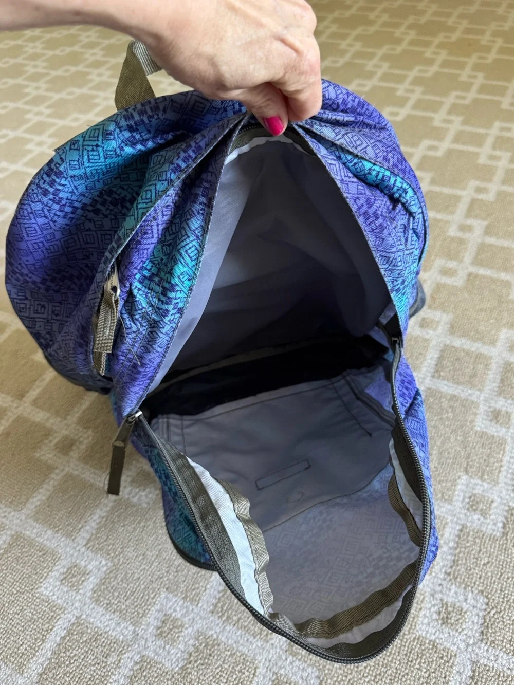 L.L.Bean Geometric Print School Backpack Blue Purple Book Bag Travel O/S